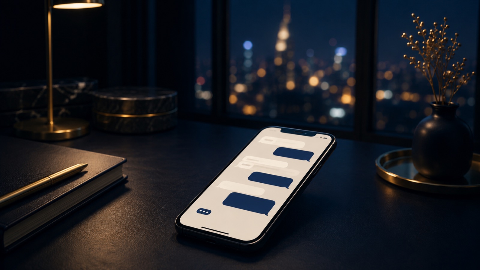 Smartphone su una scrivania elegante di sera, con una conversazione stilizzata sullo schermo