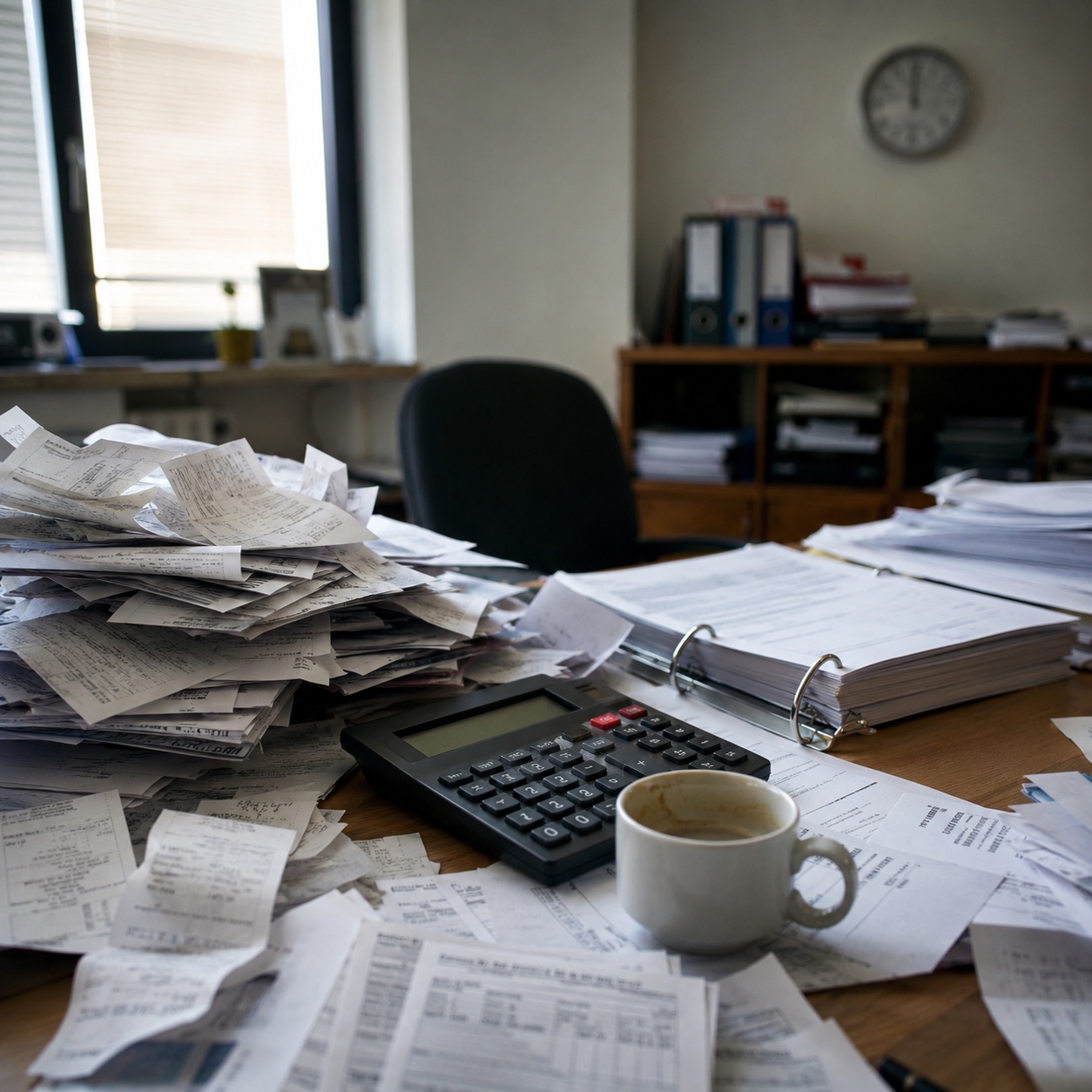 Scrivania di un piccolo ufficio invasa da pile di scontrini e fatture, con calcolatrice e tazza di caffè