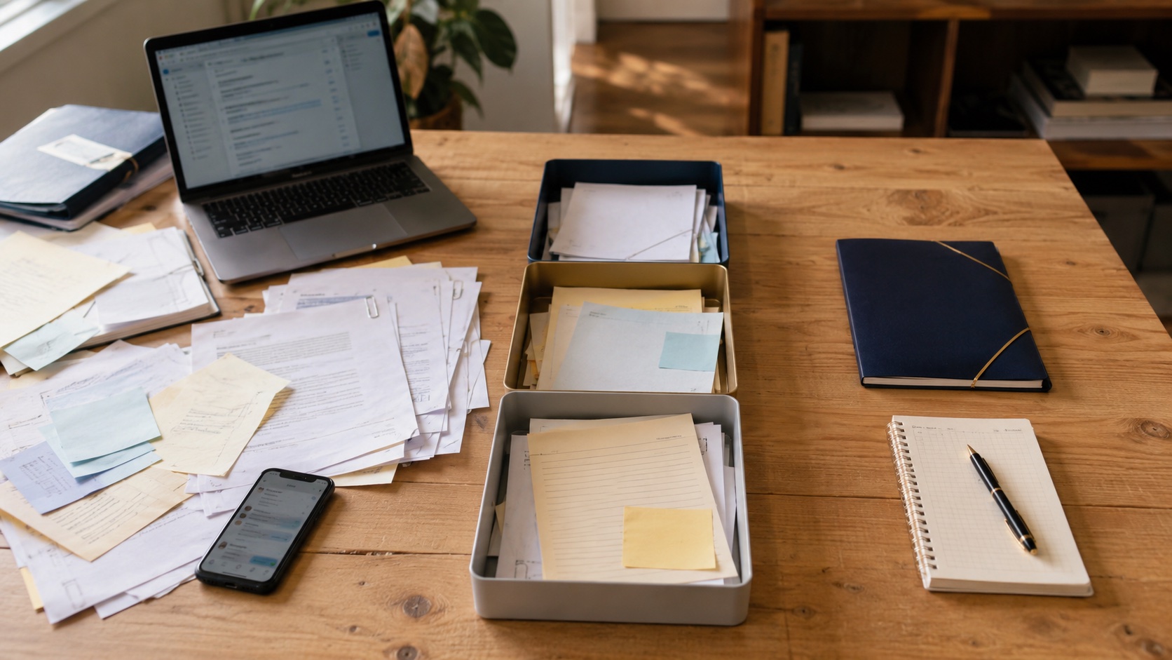 Scrivania di un piccolo studio con documenti sparsi che vengono progressivamente organizzati in un percorso di lavoro ordinato