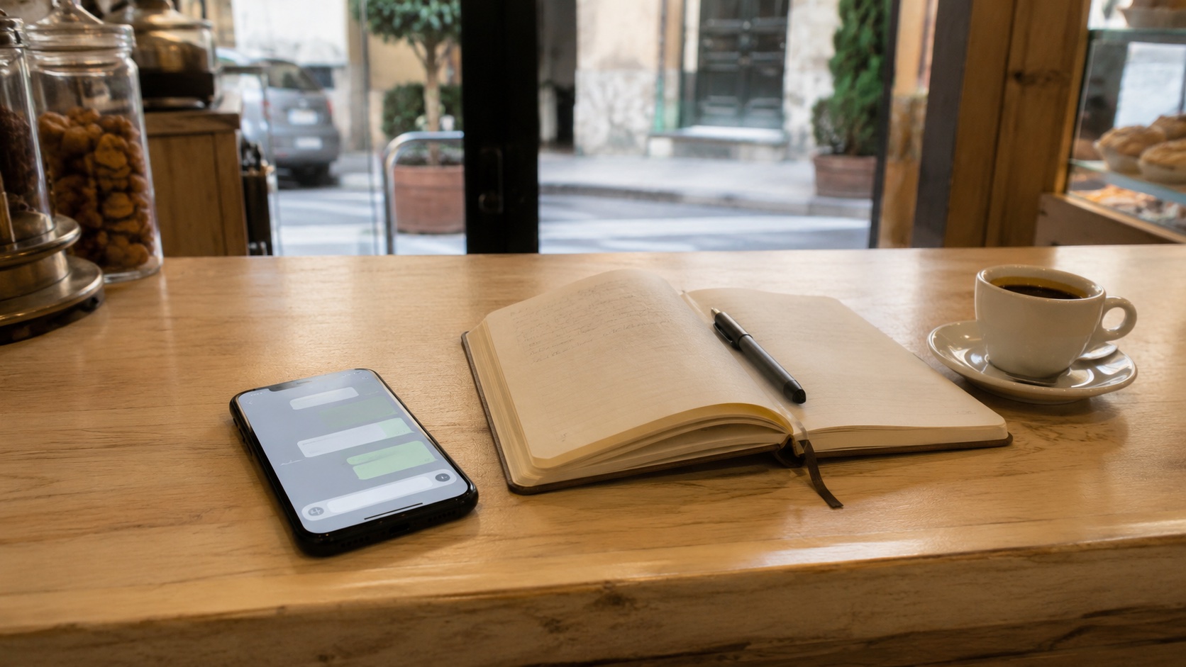 Bancone in legno di una piccola attività con uno smartphone appoggiato che mostra una chat, un taccuino aperto con penna e una tazzina di caffè