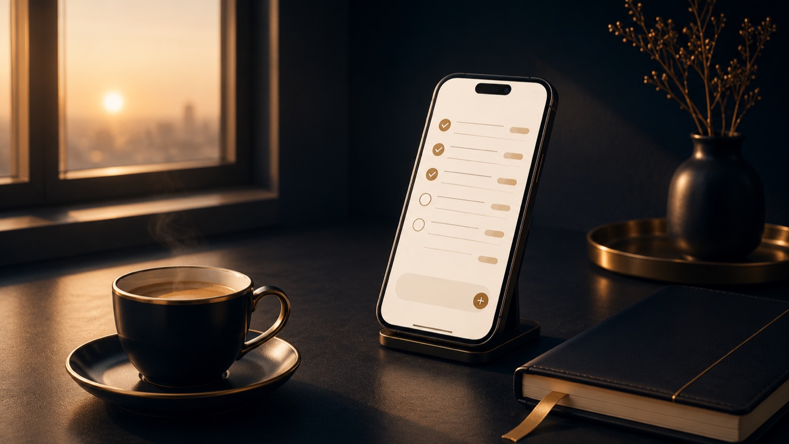 Prima mattina: tazzina di caffè e smartphone con una lista di promemoria stilizzata