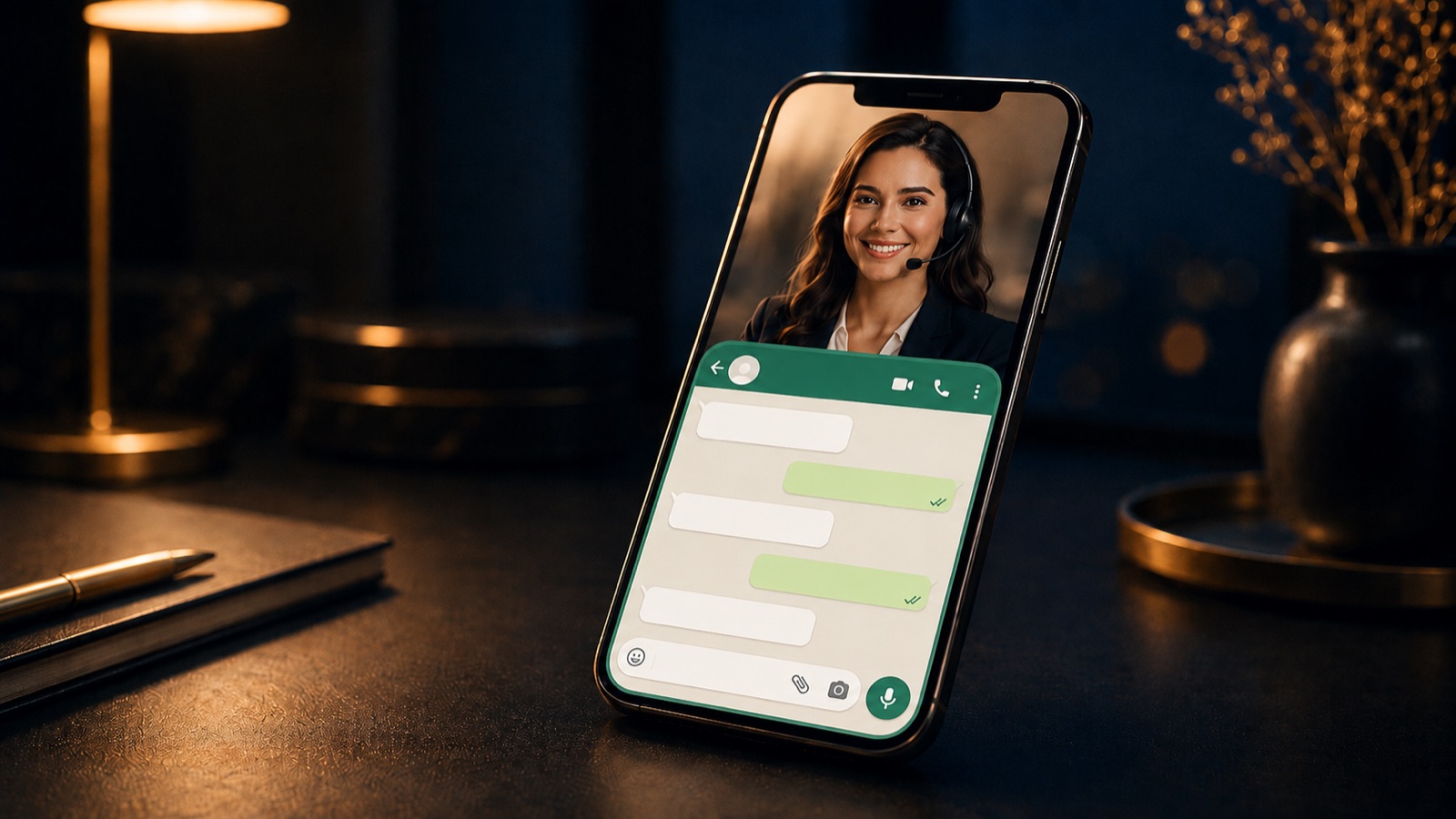 Smartphone con una chat aperta e, come foto profilo, una segretaria professionale sorridente con auricolare